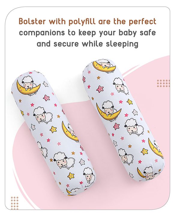 Babyhug 100% Cotton Bedding Set with Neck Pillow And Bolsters Set Sheep on Moon Print - White & Yellow