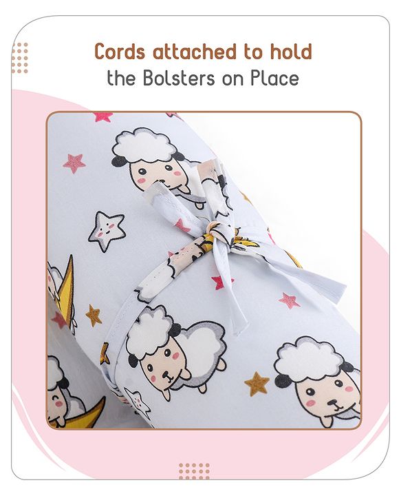 Babyhug 100% Cotton Bedding Set with Neck Pillow And Bolsters Set Sheep on Moon Print - White & Yellow