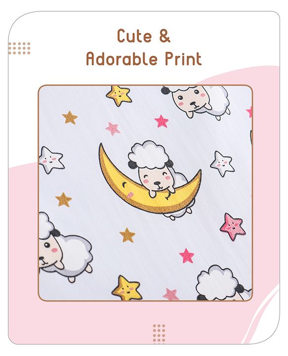 Babyhug 100% Cotton Bedding Set with Neck Pillow And Bolsters Set Sheep on Moon Print - White & Yellow