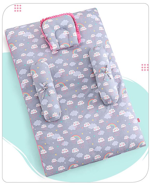 Babyhug 100% Cotton Bedding Set with Neck Pillow And Bolsters Set Sheep on Moon Print - White & Yellow