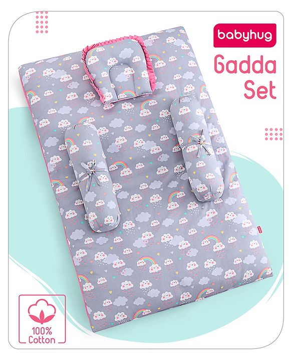 Babyhug 100% Cotton Bedding Set with Neck Pillow And Bolsters Set Sheep on Moon Print - White & Yellow