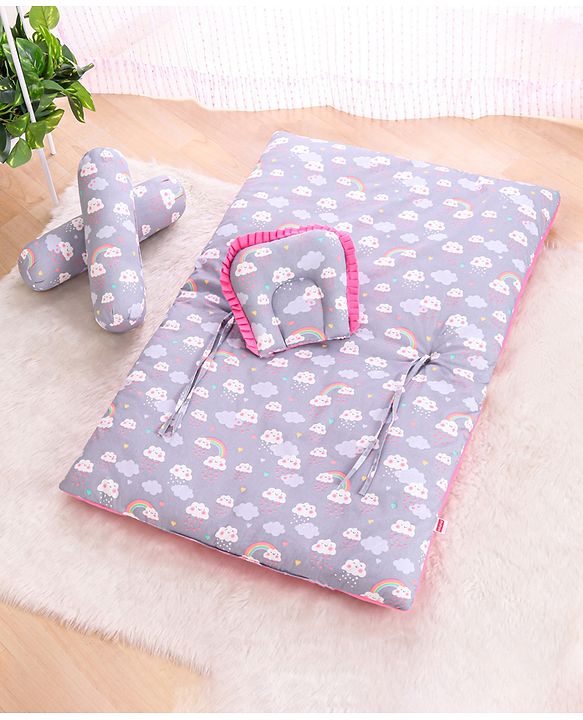 Babyhug 100% Cotton Bedding Set with Neck Pillow And Bolsters Set Sheep on Moon Print - White & Yellow