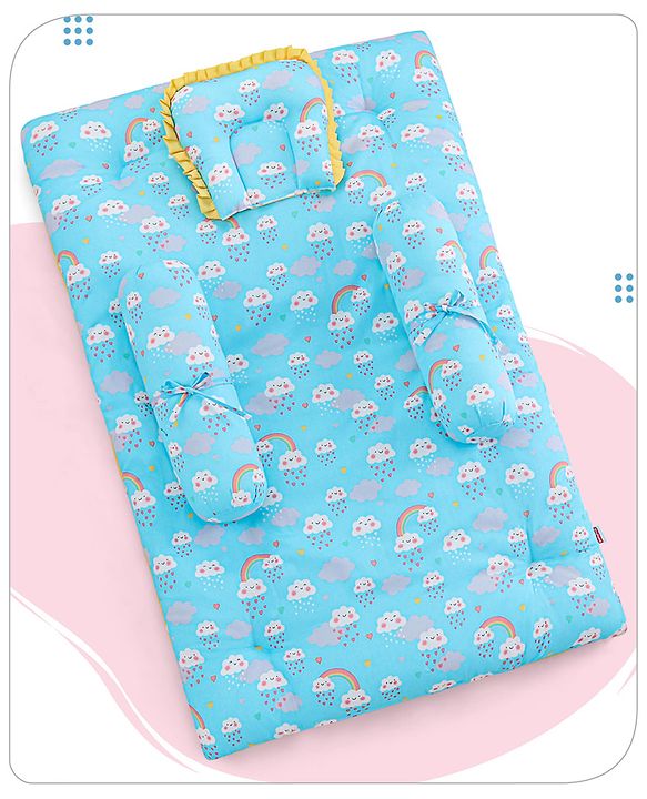 Babyhug 100% Cotton Bedding Set with Neck Pillow And Bolsters Set Cloud Rainbow Print - Blue