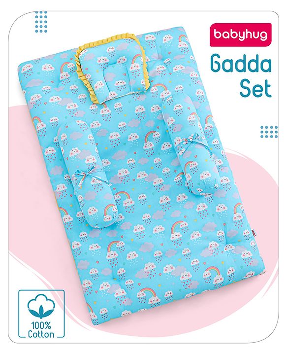 Babyhug 100% Cotton Bedding Set with Neck Pillow And Bolsters Set Cloud Rainbow Print - Blue