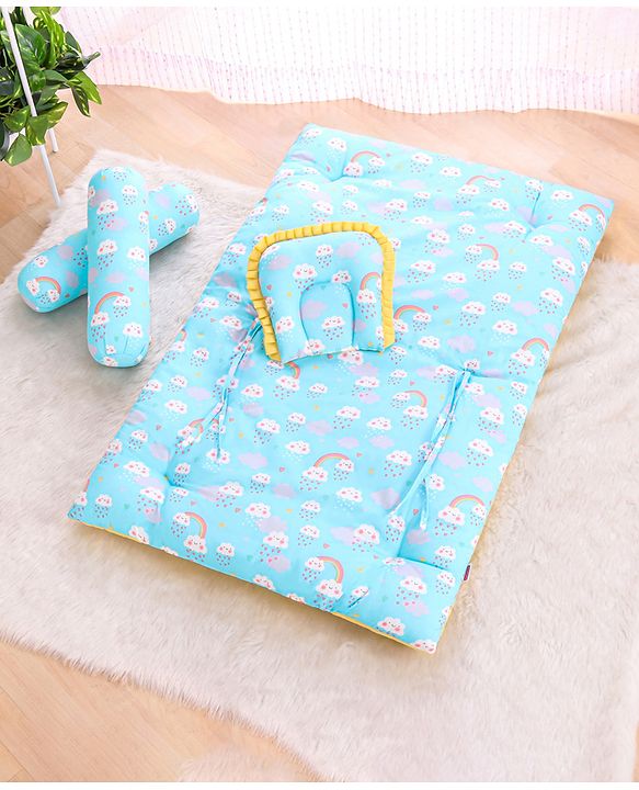 Babyhug 100% Cotton Bedding Set with Neck Pillow And Bolsters Set Cloud Rainbow Print - Blue
