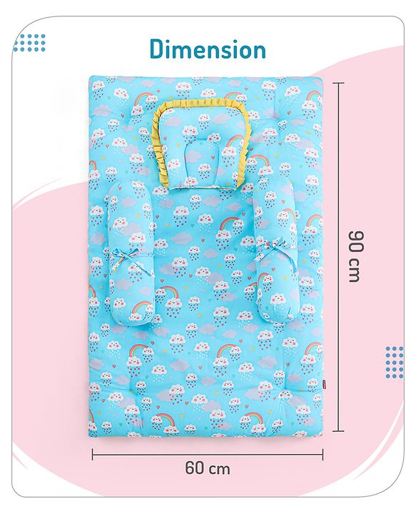 Babyhug 100% Cotton Bedding Set with Neck Pillow And Bolsters Set Cloud Rainbow Print - Blue