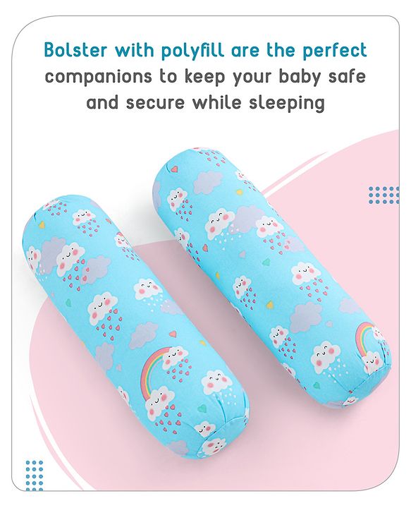 Babyhug 100% Cotton Bedding Set with Neck Pillow And Bolsters Set Cloud Rainbow Print - Blue
