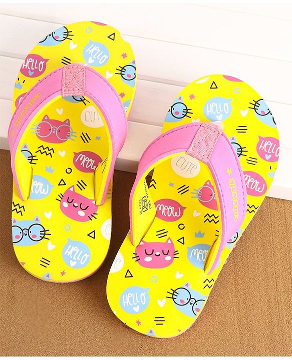 Cute Walk by Babyhug Slip On Flip Flops Kitty Print- Yellow & Pink