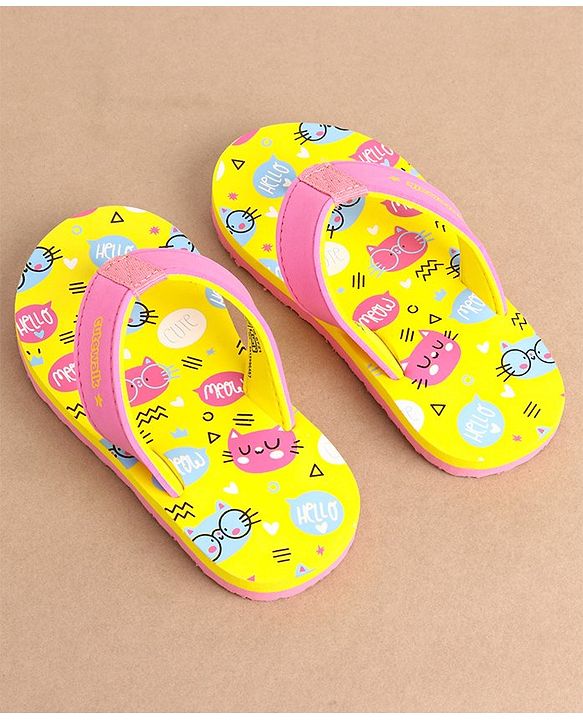 Cute Walk by Babyhug Slip On Flip Flops Kitty Print- Yellow & Pink