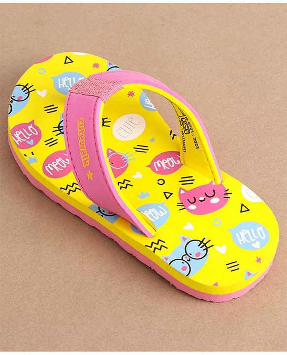 Cute Walk by Babyhug Slip On Flip Flops Kitty Print- Yellow & Pink