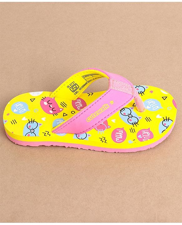 Cute Walk by Babyhug Slip On Flip Flops Kitty Print- Yellow & Pink