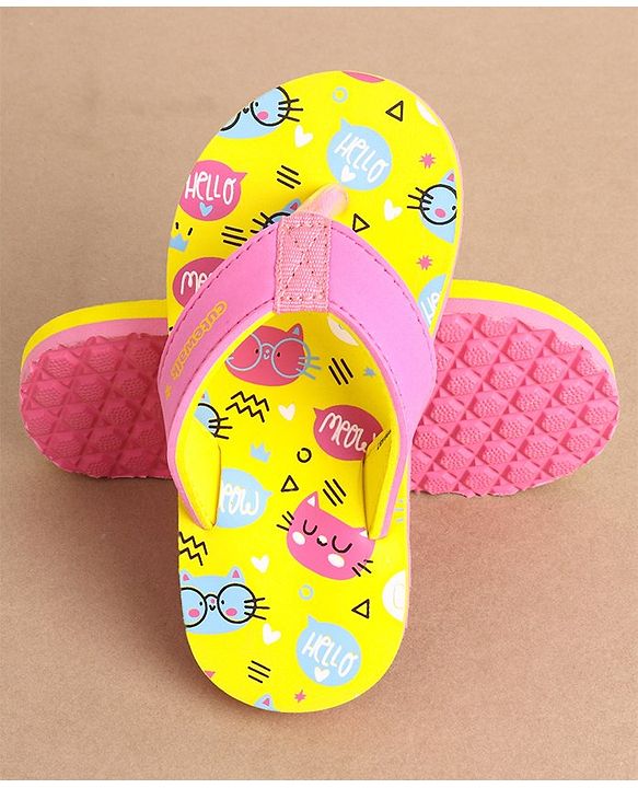 Cute Walk by Babyhug Slip On Flip Flops Kitty Print- Yellow & Pink