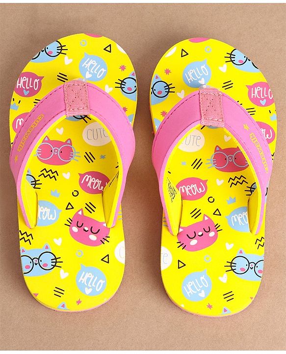 Cute Walk by Babyhug Slip On Flip Flops Kitty Print- Yellow & Pink
