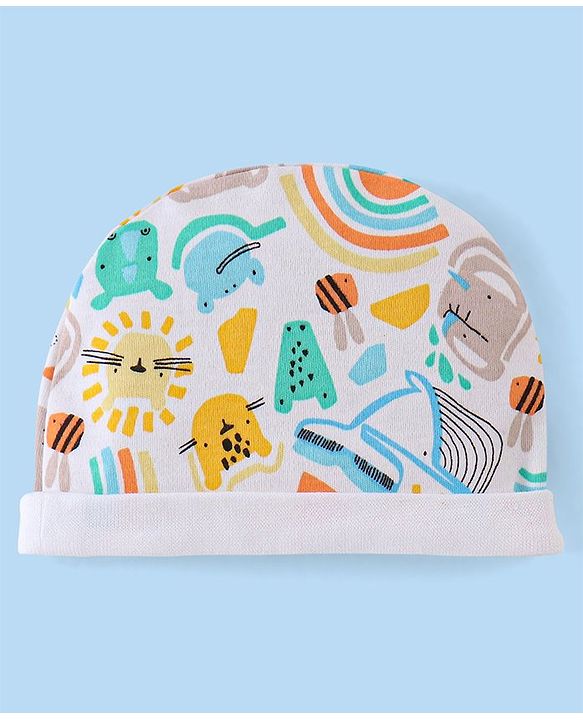 Babyhug 100% Cotton Knit Cap Mittens & Booties  Animal Print- Multicolor