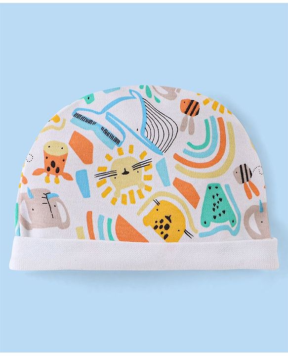 Babyhug 100% Cotton Knit Cap Mittens & Booties  Animal Print- Multicolor