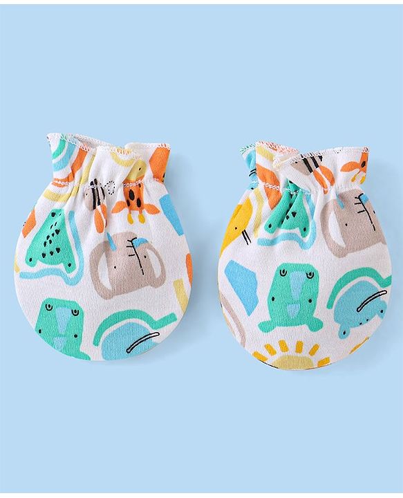 Babyhug 100% Cotton Knit Cap Mittens & Booties  Animal Print- Multicolor