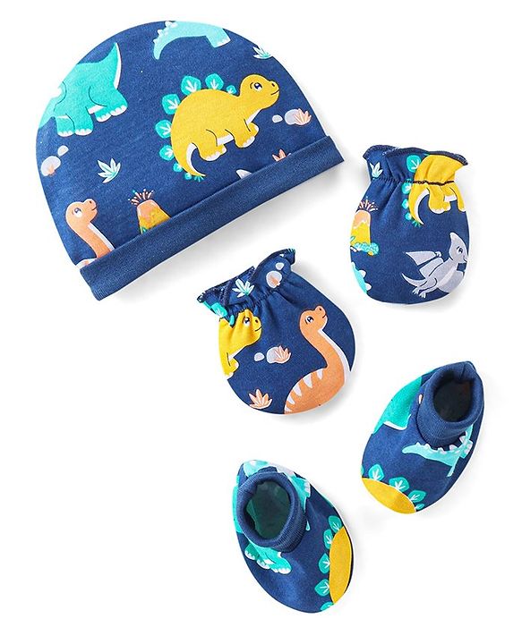 Babyhug 100% Cotton Knit Cap Mittens and Booties Dino Print - Navy Blue