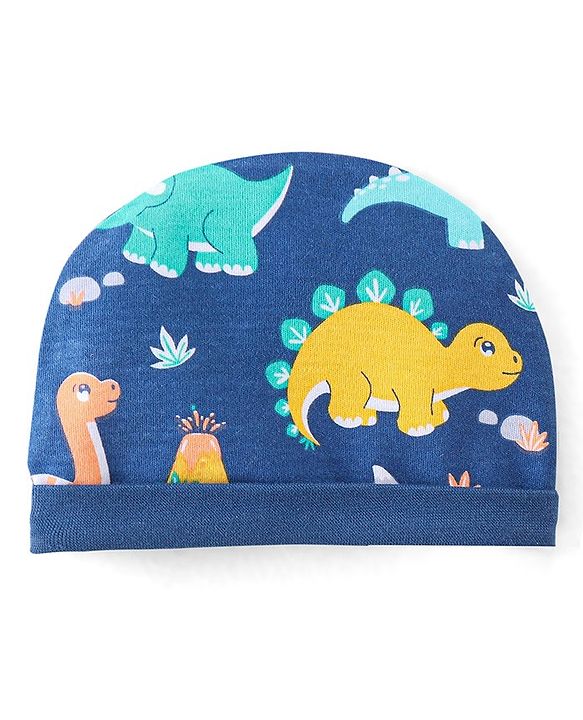 Babyhug 100% Cotton Knit Cap Mittens and Booties Dino Print - Navy Blue