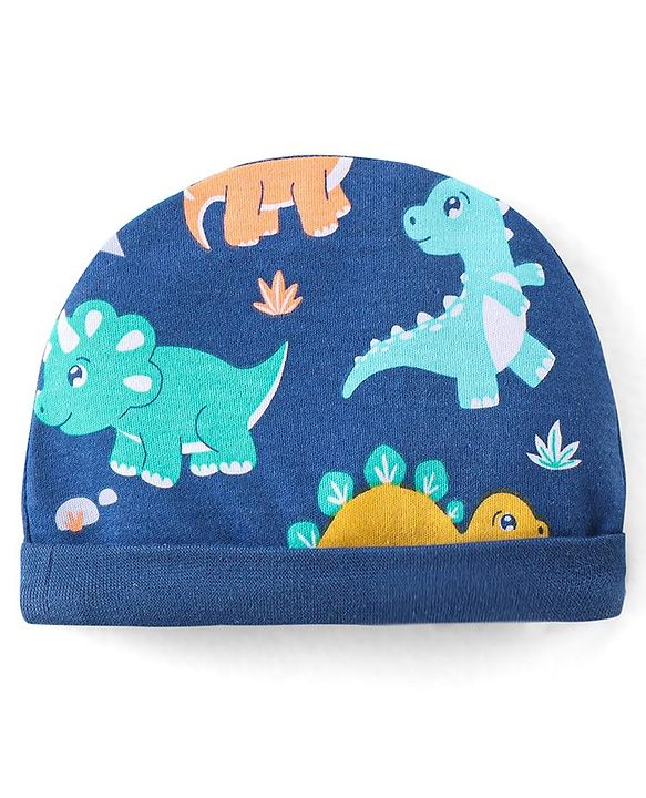 Babyhug 100% Cotton Knit Cap Mittens and Booties Dino Print - Navy Blue