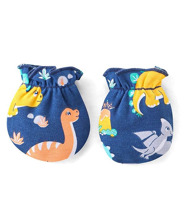 Babyhug 100% Cotton Knit Cap Mittens and Booties Dino Print - Navy Blue