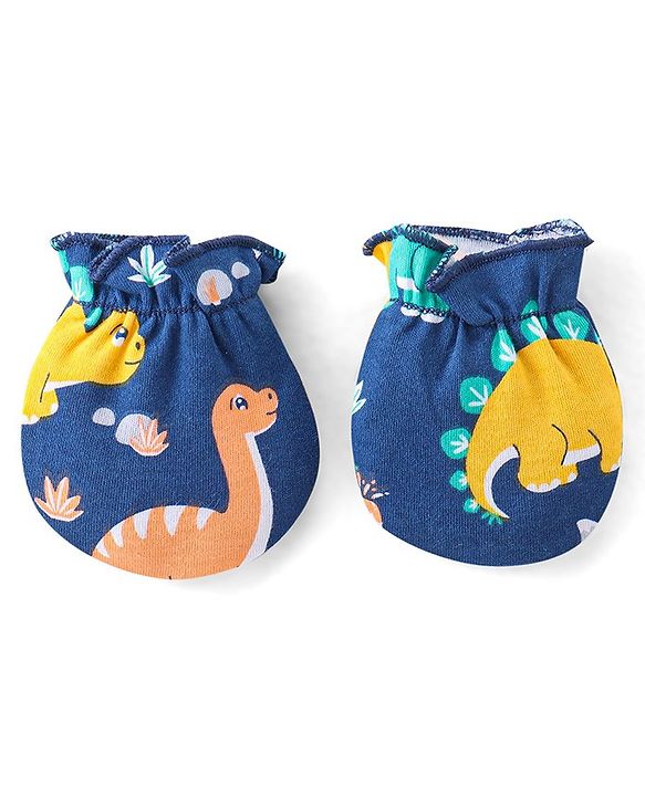Babyhug 100% Cotton Knit Cap Mittens and Booties Dino Print - Navy Blue