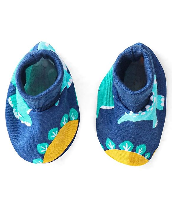 Babyhug 100% Cotton Knit Cap Mittens and Booties Dino Print - Navy Blue