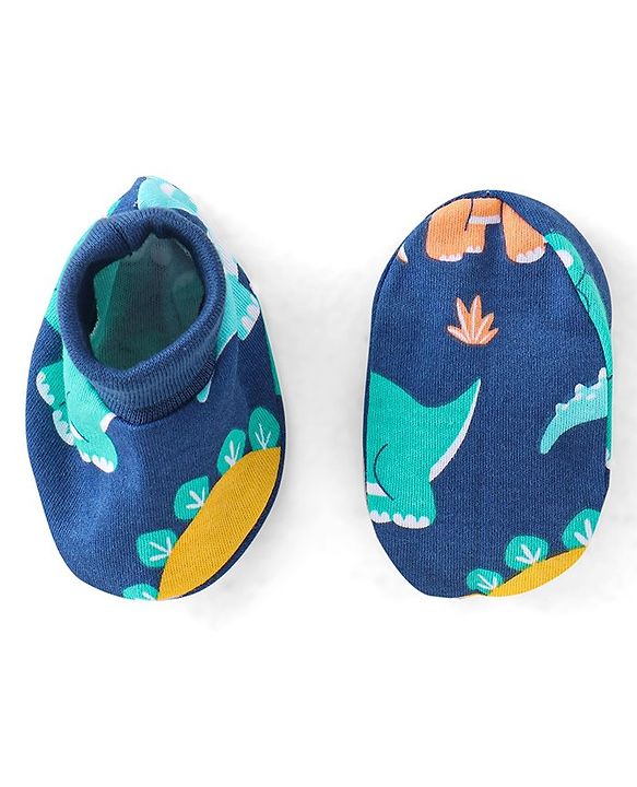 Babyhug 100% Cotton Knit Cap Mittens and Booties Dino Print - Navy Blue