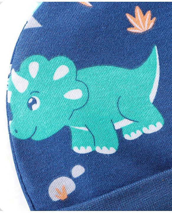 Babyhug 100% Cotton Knit Cap Mittens and Booties Dino Print - Navy Blue
