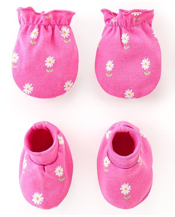Babyhug 100% Cotton Knit Mittens & Booties Set Floral Print - Pink