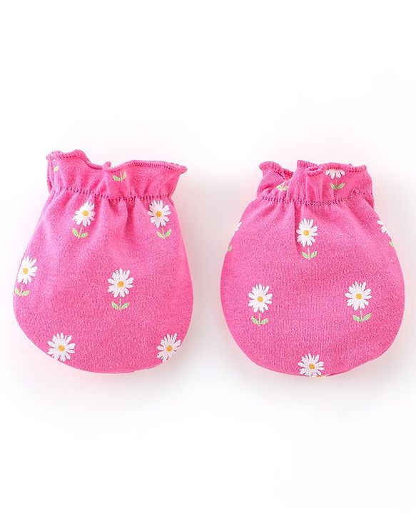 Babyhug 100% Cotton Knit Mittens & Booties Set Floral Print - Pink