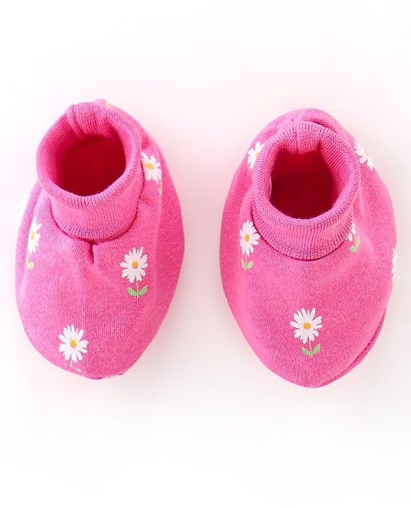 Babyhug 100% Cotton Knit Mittens & Booties Set Floral Print - Pink