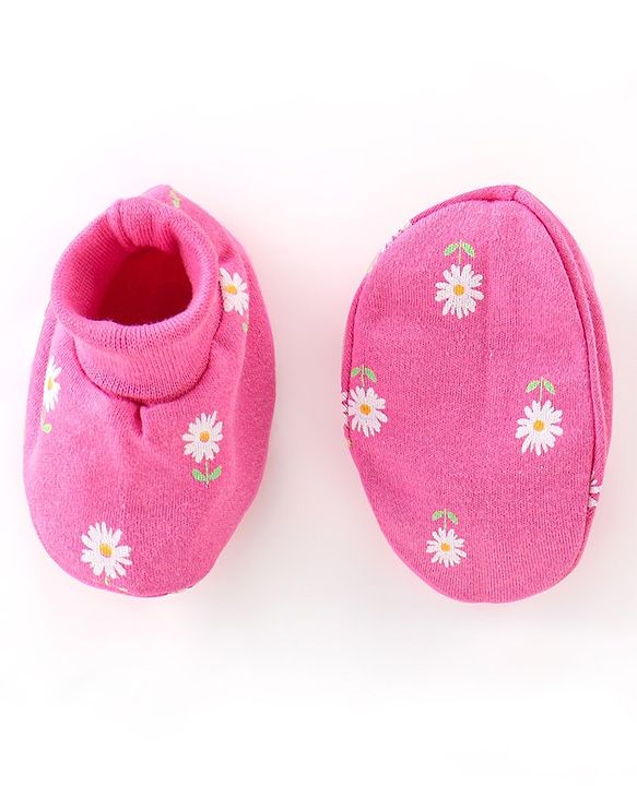 Babyhug 100% Cotton Knit Mittens & Booties Set Floral Print - Pink