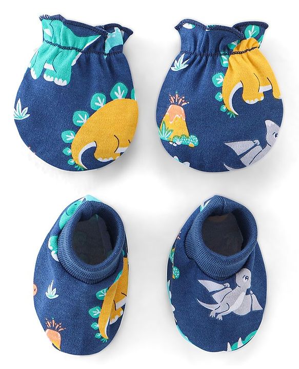 Babyhug 100% Cotton Knit Mittens and Booties Dino Print - Navy Blue