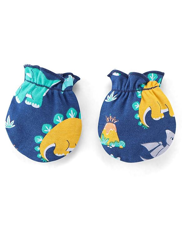 Babyhug 100% Cotton Knit Mittens and Booties Dino Print - Navy Blue