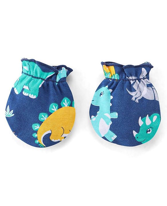 Babyhug 100% Cotton Knit Mittens and Booties Dino Print - Navy Blue