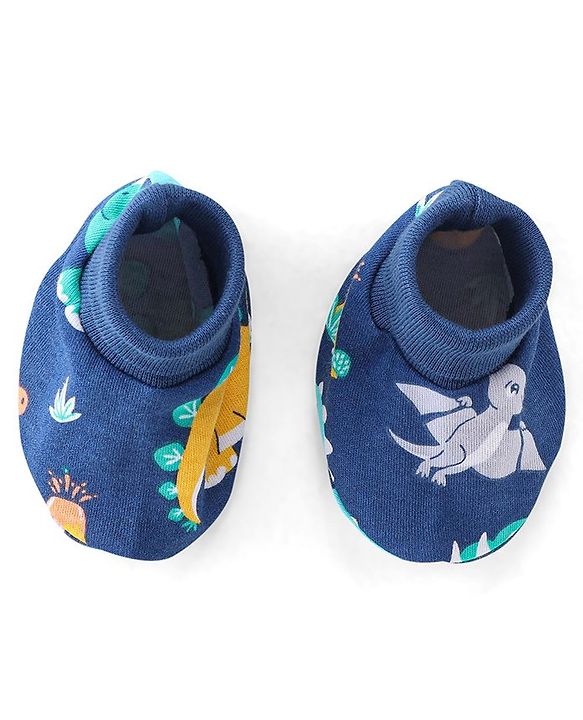 Babyhug 100% Cotton Knit Mittens and Booties Dino Print - Navy Blue