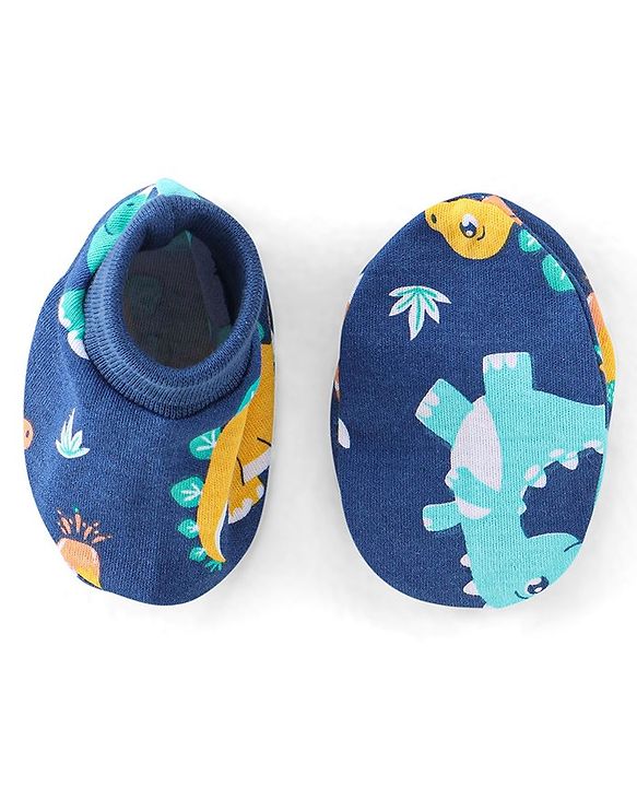 Babyhug 100% Cotton Knit Mittens and Booties Dino Print - Navy Blue