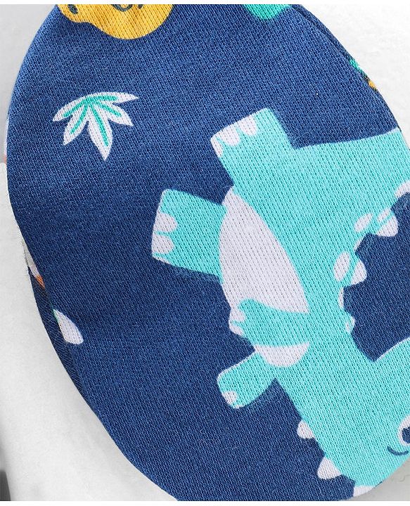 Babyhug 100% Cotton Knit Mittens and Booties Dino Print - Navy Blue
