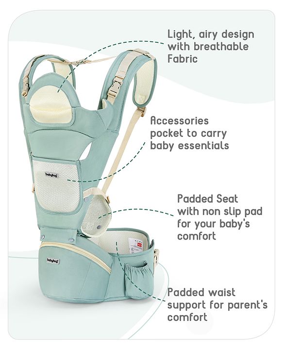 Babyhug Delight Cotton Hip Seat Cum Baby Carrier- Green