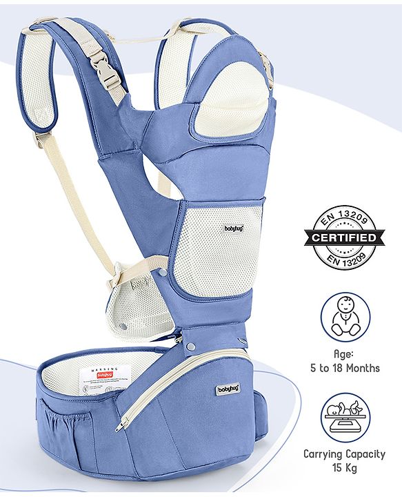 Babyhug Delight Cotton Hip Seat Cum Baby Carrier- Blue| Detachable Hipseat| Padded Shoulder Strap| Even Weight Distribution| Breathable Fabric| Gifting Option for Boys and Girls| EN Certified