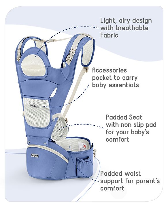 Babyhug Delight Cotton Hip Seat Cum Baby Carrier- Blue| Detachable Hipseat| Padded Shoulder Strap| Even Weight Distribution| Breathable Fabric| Gifting Option for Boys and Girls| EN Certified