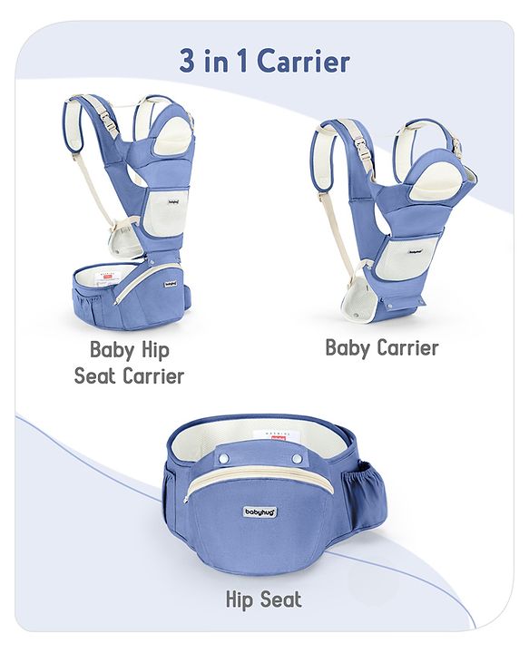 Babyhug Delight Cotton Hip Seat Cum Baby Carrier- Blue| Detachable Hipseat| Padded Shoulder Strap| Even Weight Distribution| Breathable Fabric| Gifting Option for Boys and Girls| EN Certified