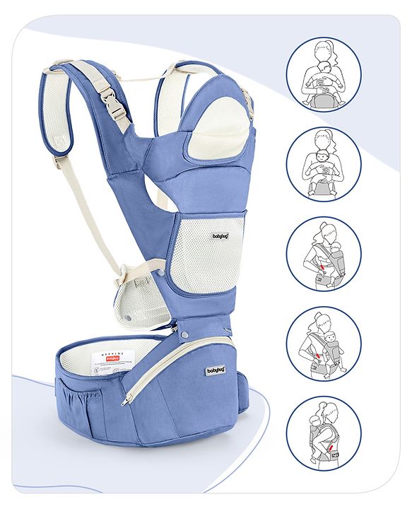 Babyhug Delight Cotton Hip Seat Cum Baby Carrier- Blue| Detachable Hipseat| Padded Shoulder Strap| Even Weight Distribution| Breathable Fabric| Gifting Option for Boys and Girls| EN Certified