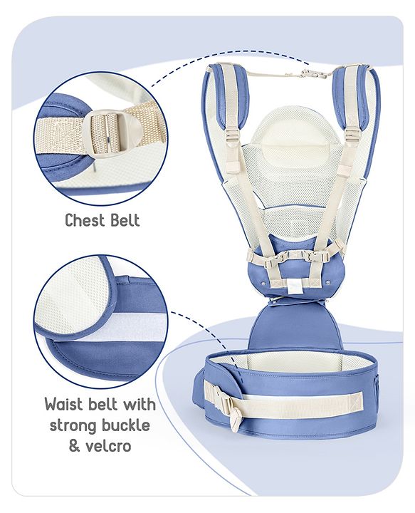 Babyhug Delight Cotton Hip Seat Cum Baby Carrier- Blue| Detachable Hipseat| Padded Shoulder Strap| Even Weight Distribution| Breathable Fabric| Gifting Option for Boys and Girls| EN Certified