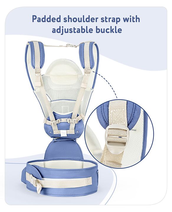 Babyhug Delight Cotton Hip Seat Cum Baby Carrier- Blue| Detachable Hipseat| Padded Shoulder Strap| Even Weight Distribution| Breathable Fabric| Gifting Option for Boys and Girls| EN Certified
