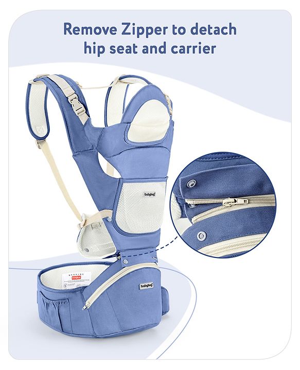 Babyhug Delight Cotton Hip Seat Cum Baby Carrier- Blue| Detachable Hipseat| Padded Shoulder Strap| Even Weight Distribution| Breathable Fabric| Gifting Option for Boys and Girls| EN Certified