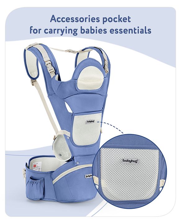 Babyhug Delight Cotton Hip Seat Cum Baby Carrier- Blue| Detachable Hipseat| Padded Shoulder Strap| Even Weight Distribution| Breathable Fabric| Gifting Option for Boys and Girls| EN Certified