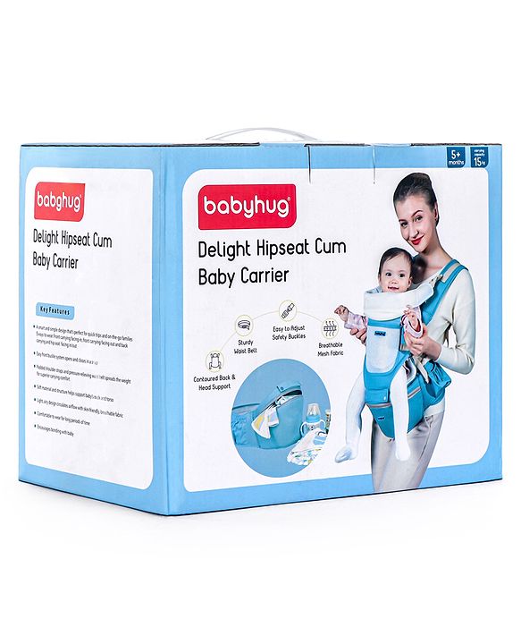 Babyhug Delight Cotton Hip Seat Cum Baby Carrier- Blue| Detachable Hipseat| Padded Shoulder Strap| Even Weight Distribution| Breathable Fabric| Gifting Option for Boys and Girls| EN Certified