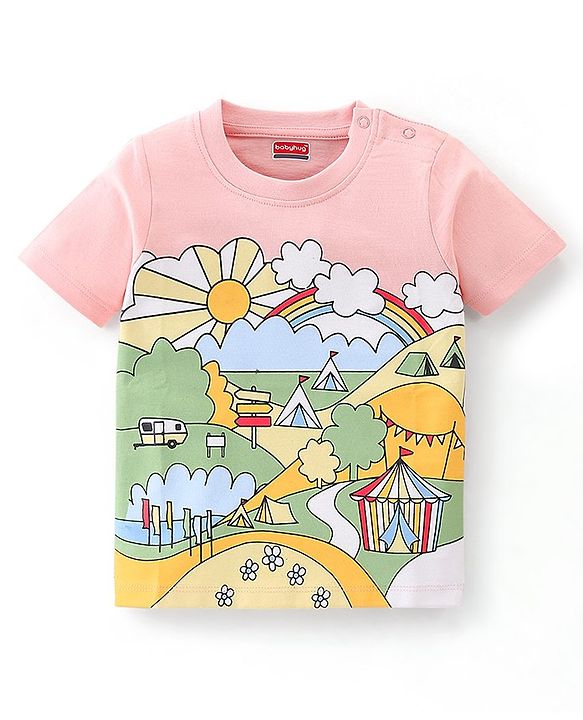 Babyhug 100% Cotton Knit Half Sleeves T-Shirt Tent Graphics - Peach