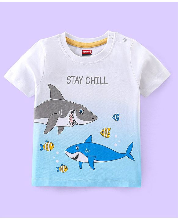 Babyhug 100% Cotton Knit Half Sleeves T-Shirt Marine Life Graphics - White & Blue